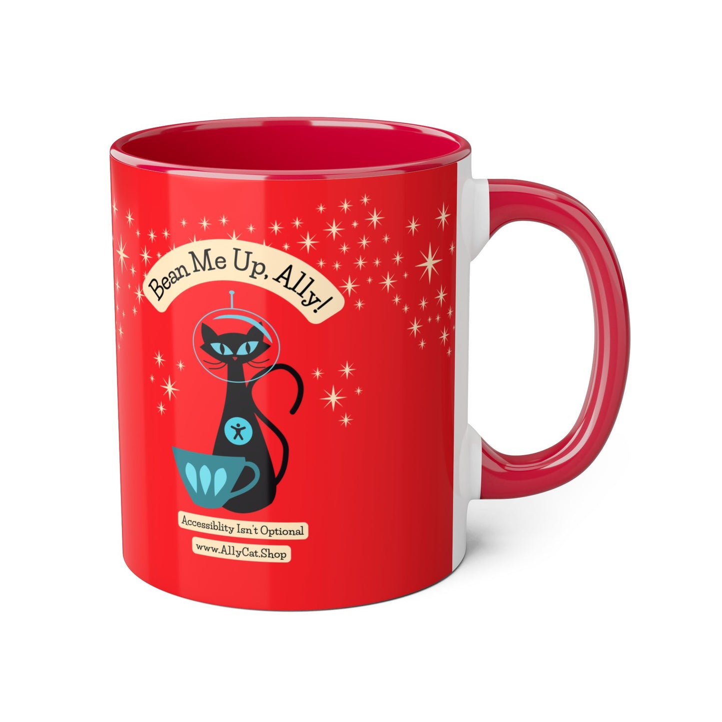 Bean Me Up A11y Cat Mug | Retro Space Cat Mid-Century Modern Accent Coffee Cup (Canada Shipping)