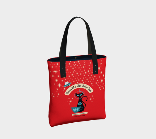 Bean Me Up A11y Cat Urban Lined Tote Bag | Retro Space Cat Mid-Century Modern (Montreal Shipping)