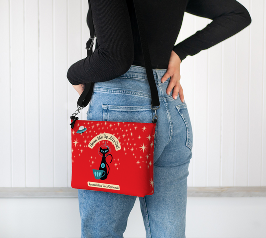 Bean Me Up A11y Cat and Coffee Crossbody Purse | Accessibility Isn't Optional | Retro Space Cat Mid-Century Modern | Crossbody Purse (Ships from Montreal)