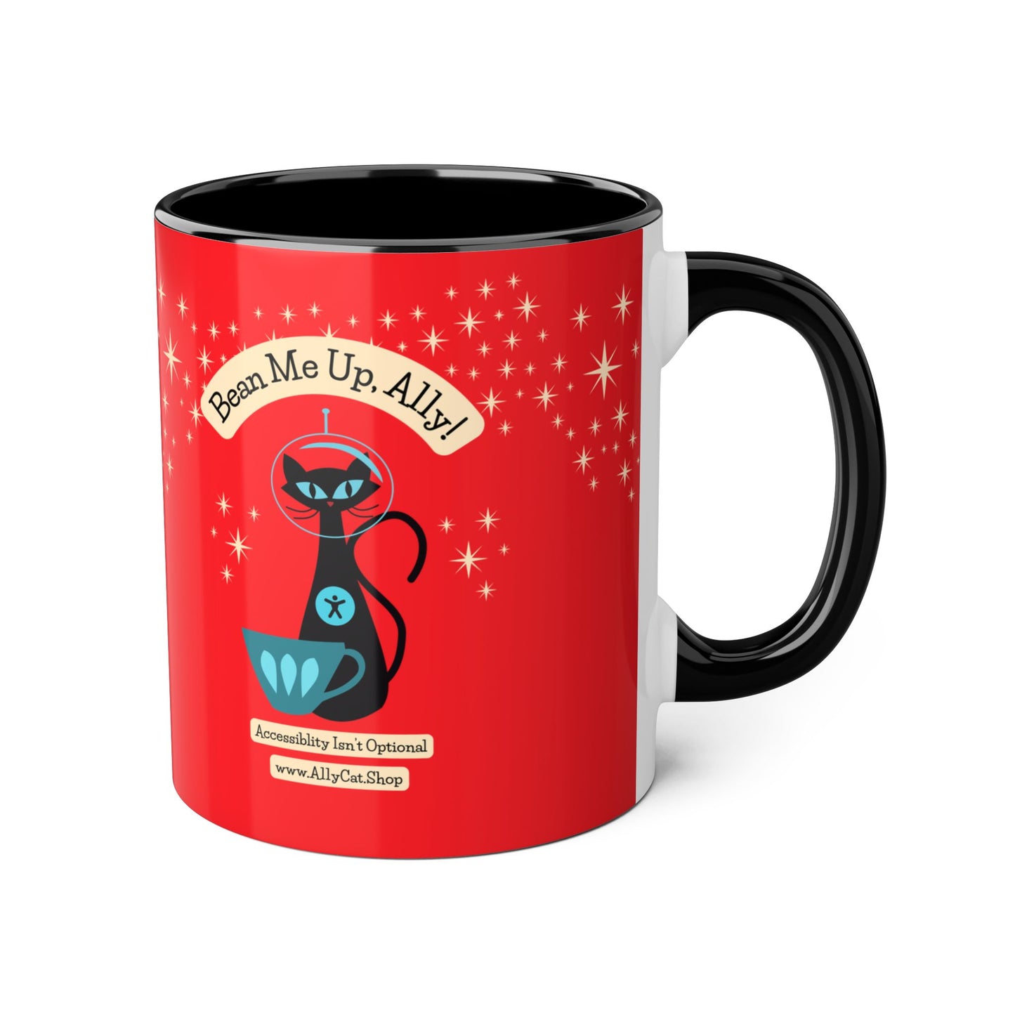 Bean Me Up A11y Cat Mug | Retro Space Cat Mid-Century Modern Accent Coffee Cup (Canada Shipping)