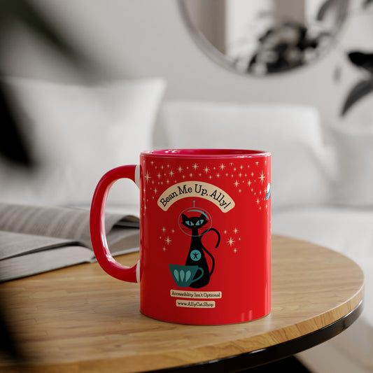 Bean Me Up A11y Cat Mug | Retro Space Cat Mid-Century Modern Accent Coffee Cup (Canada Shipping)