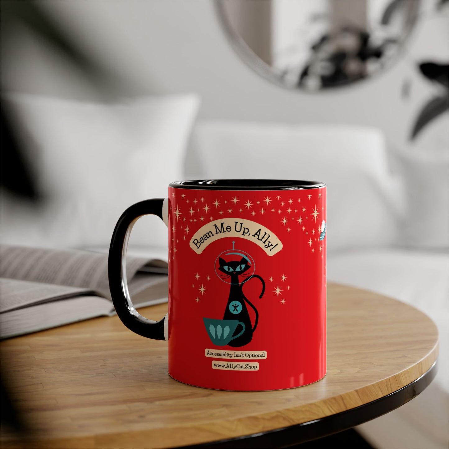 Bean Me Up A11y Cat Mug | Retro Space Cat Mid-Century Modern Accent Coffee Cup (Canada Shipping)