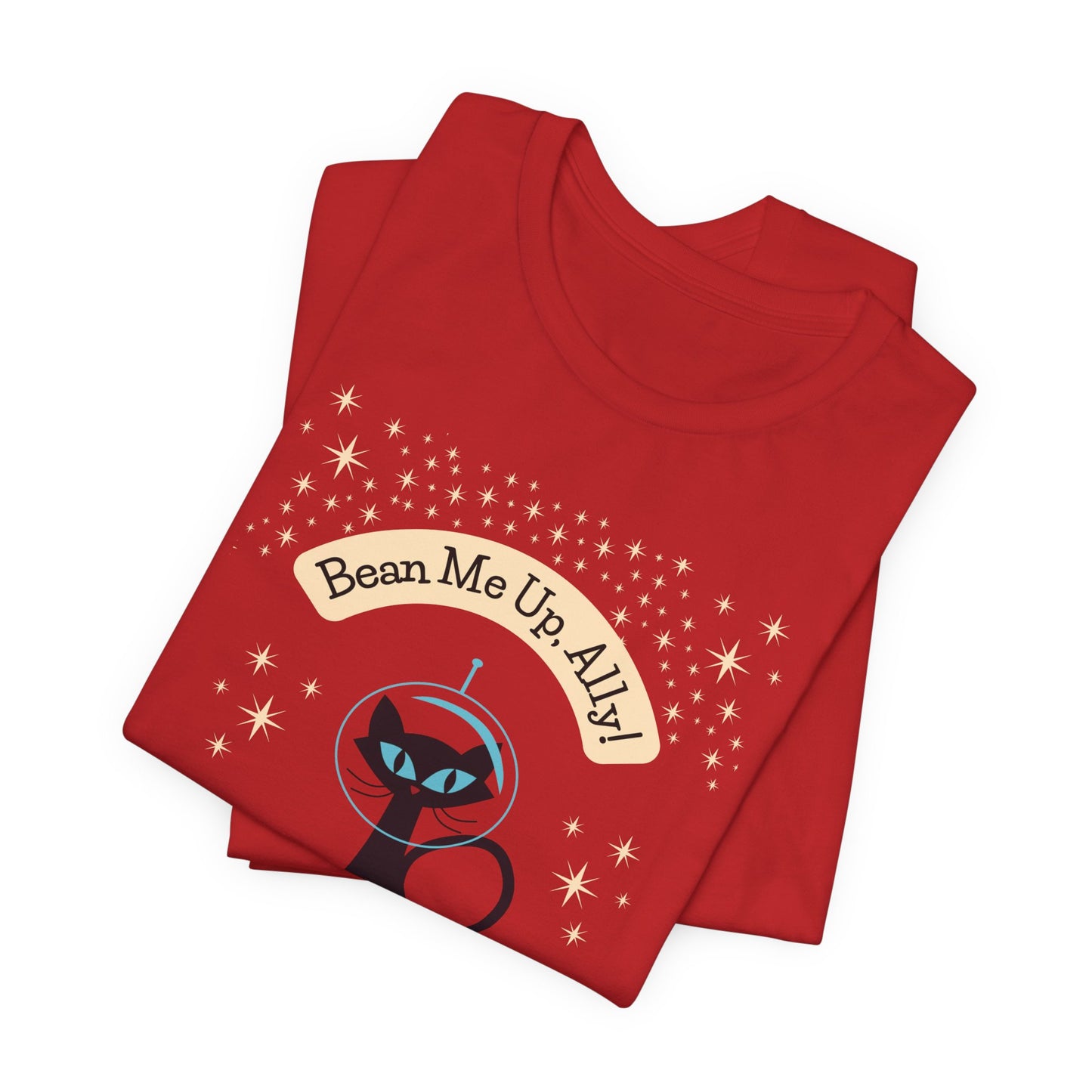 Bean Me Up A11y Cat and Coffee | Accessibility Isn't Optional | Retro Space Cat Mid-Century Modern Design tee (UK Shipping)