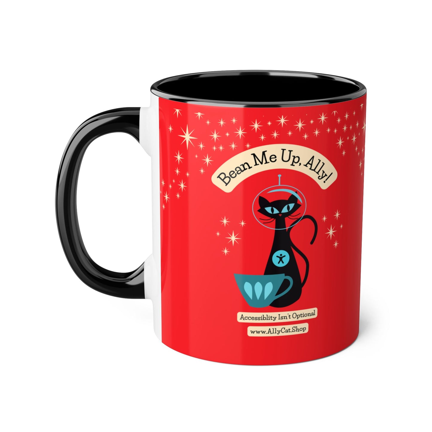 Bean Me Up A11y Cat Mug | Retro Space Cat Mid-Century Modern Accent Coffee Cup (Canada Shipping)