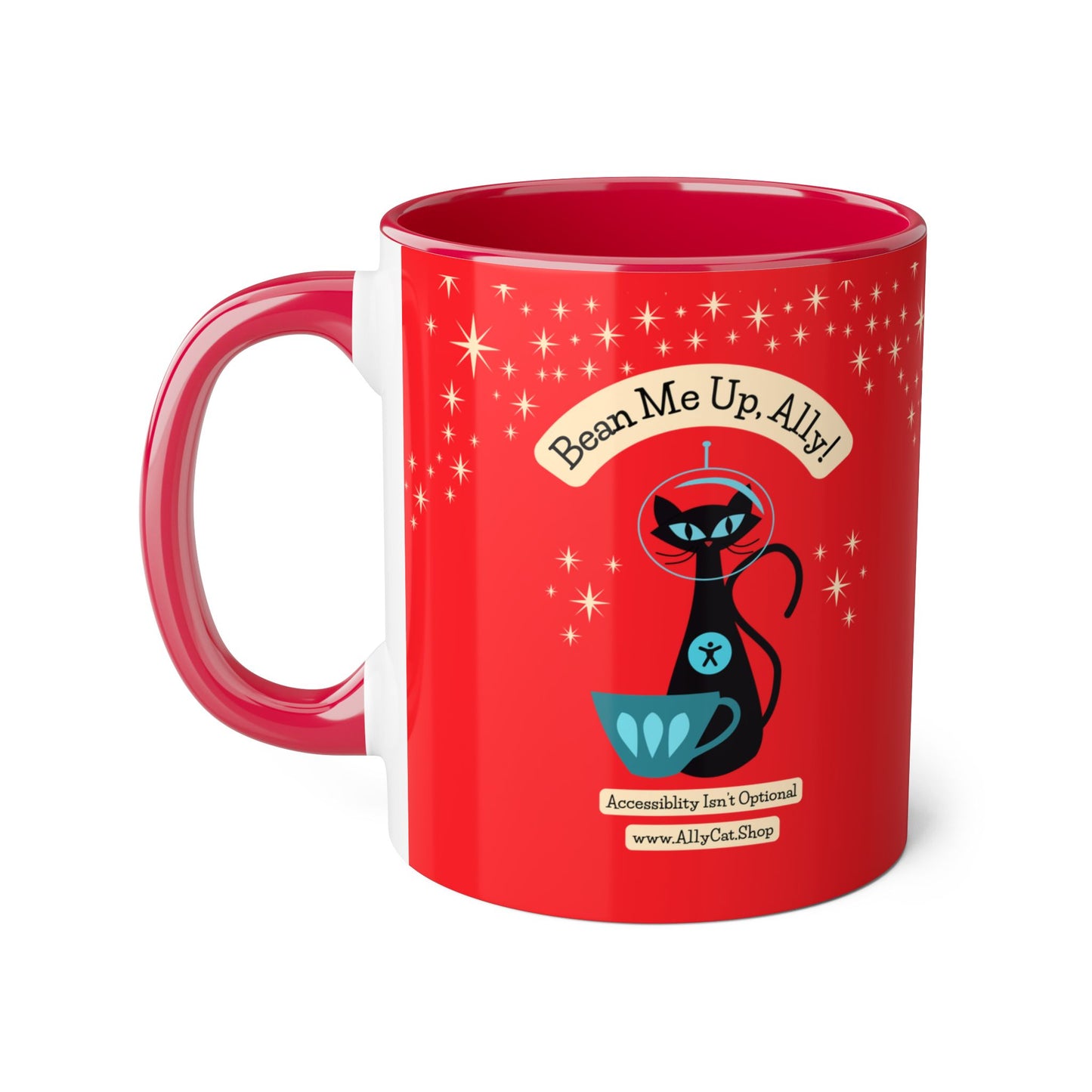 Bean Me Up A11y Cat Mug | Retro Space Cat Mid-Century Modern Accent Coffee Cup (Canada Shipping)
