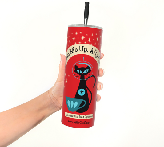 Bean Me Up A11y Cat Tumbler | Retro Space Cat Mid-Century Modern Stainless Steel Tumbler (Montreal Shipping)