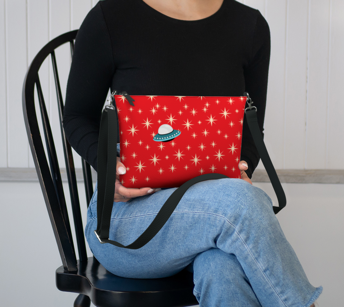 Bean Me Up A11y Cat and Coffee Crossbody Purse | Accessibility Isn't Optional | Retro Space Cat Mid-Century Modern | Crossbody Purse (Ships from Montreal)