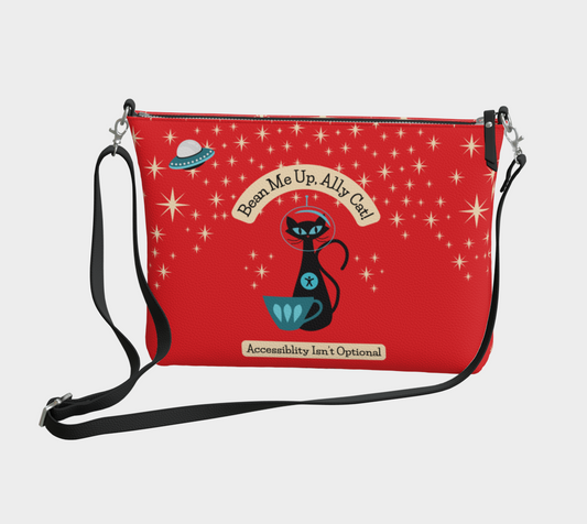 Bean Me Up A11y Cat and Coffee Crossbody Purse | Accessibility Isn't Optional | Retro Space Cat Mid-Century Modern | Crossbody Purse (Ships from Montreal)