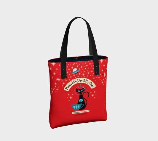 Bean Me Up A11y Cat Tote Bag | Retro Space Cat Mid-Century Modern (Ships from Montreal)