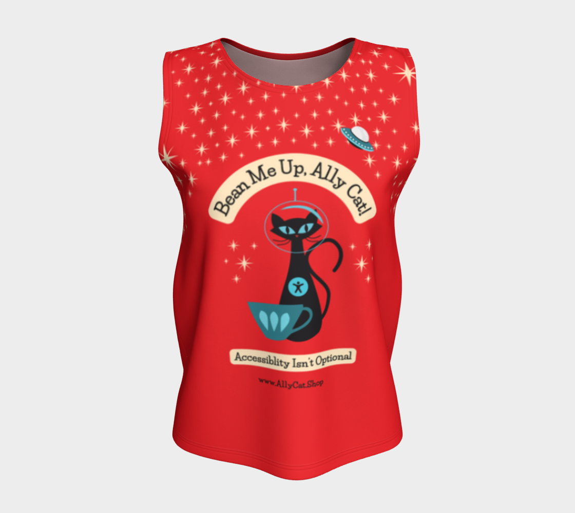 Bean Me Up A11y Cat and Coffee Relaxed Tank | Accessibility Isn't Optional | Retro Space Cat Mid-Century Modern | Relaxed Summer Tank Top (Ships from Montreal)