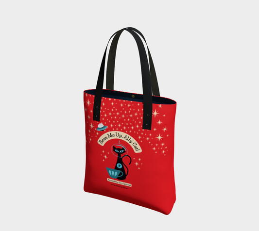 Bean Me Up A11y Cat Urban Lined Tote Bag | Retro Space Cat Mid-Century Modern (Montreal Shipping)