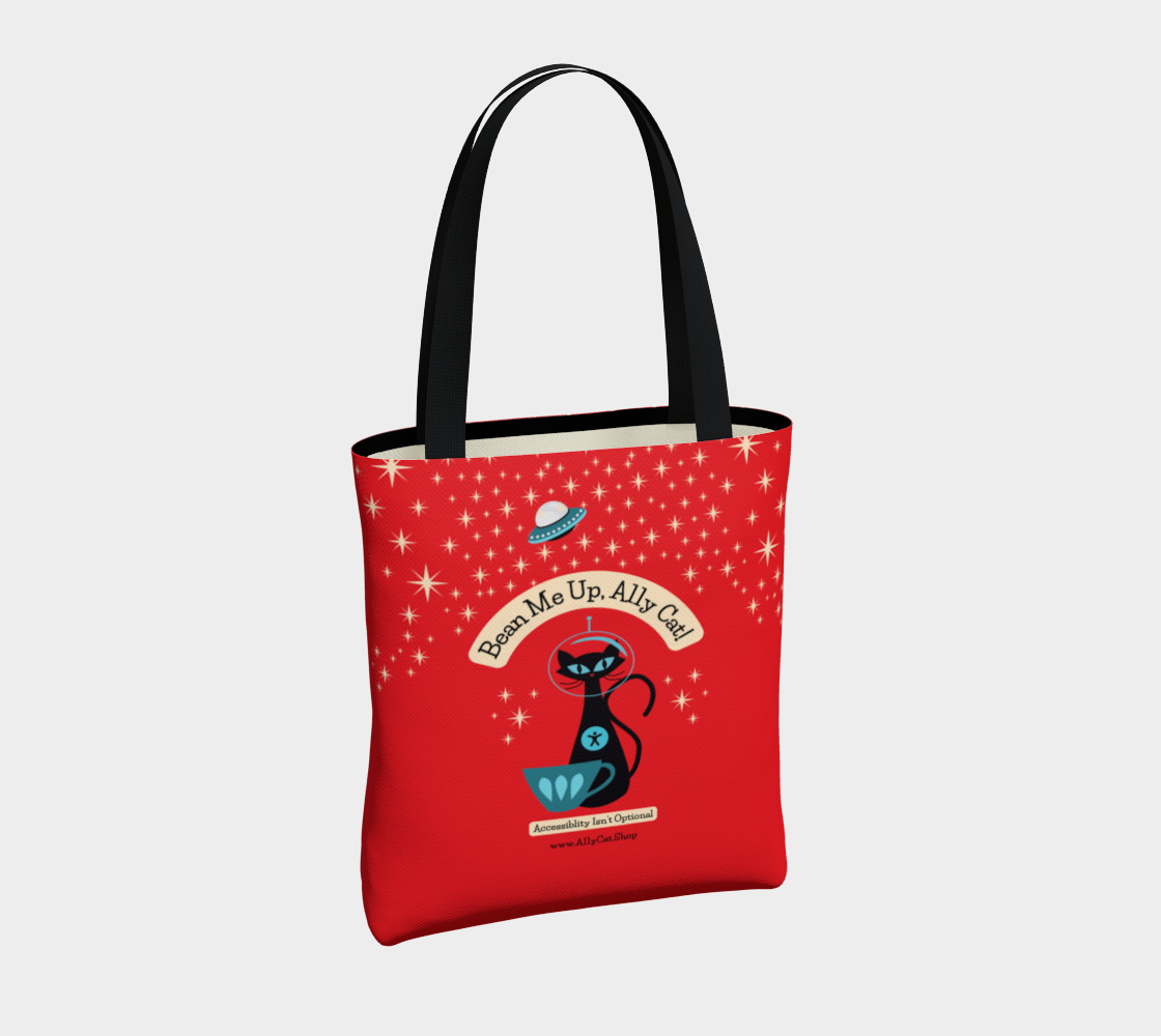 Bean Me Up A11y Cat Tote Bag | Retro Space Cat Mid-Century Modern (Ships from Montreal)